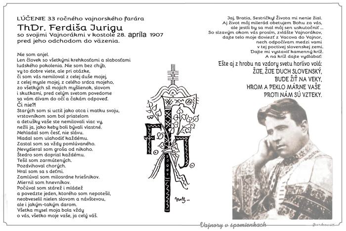 Plagát s textom Lúčenia, monogramom FJ a portrétom Jurigu v kroji